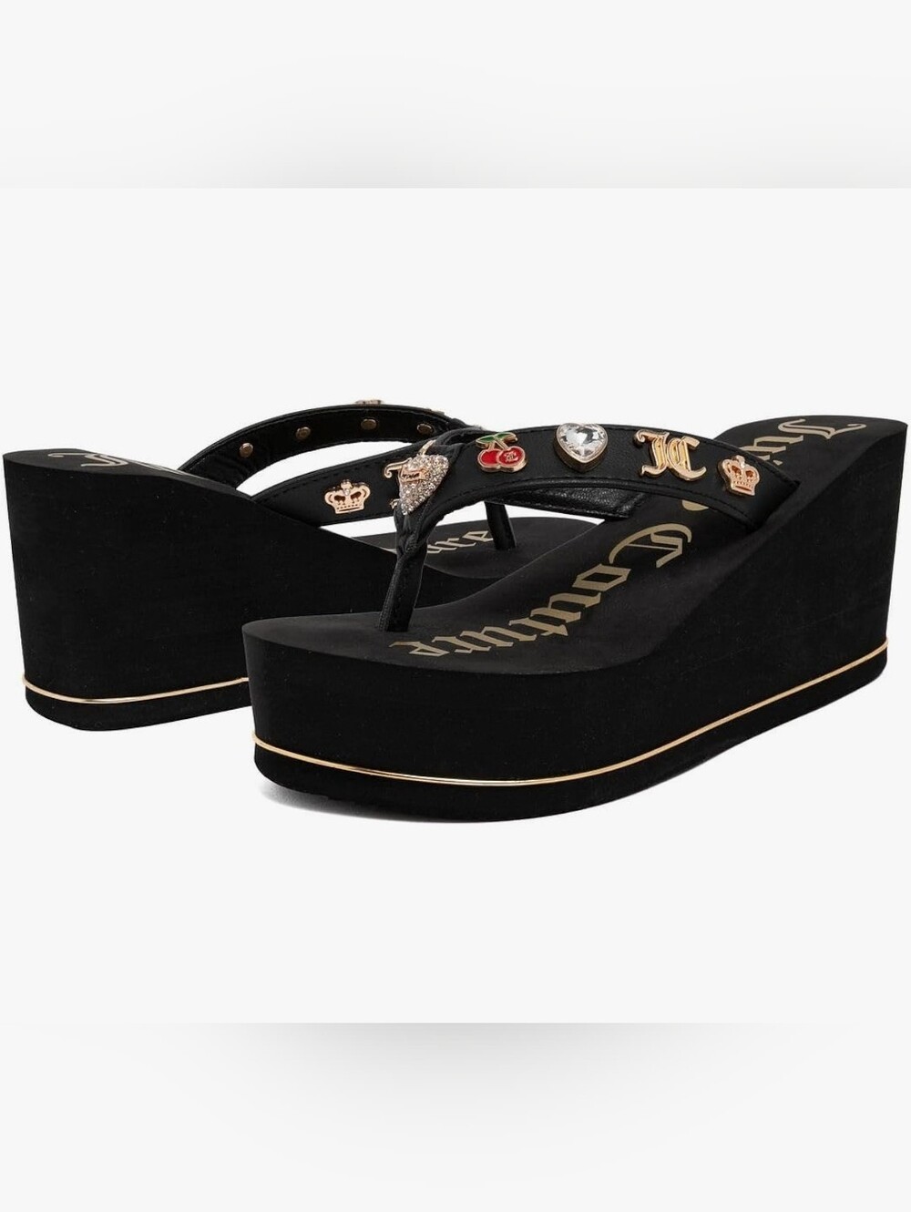 Juicy Couture Black Uchino Platform Thong Wedge Flip Flop Sandals